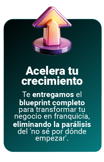 ACELERA TU CRECIMIENTO Texto descriptivo: Te entregamos el blueprint completo para transformar tu negocio en franquicia, eliminando la parálisis del 'no sé por dónde empezar.